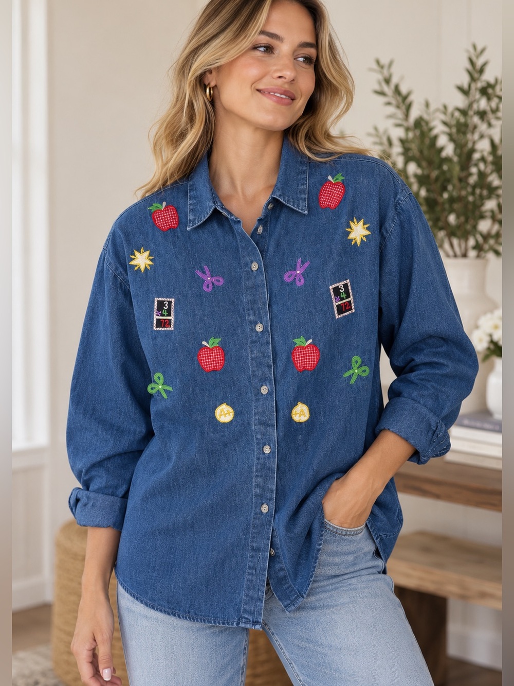 Vintage Maggie & Max Denim Shirt Small Embroidered Apple Scissors 100% Cotton